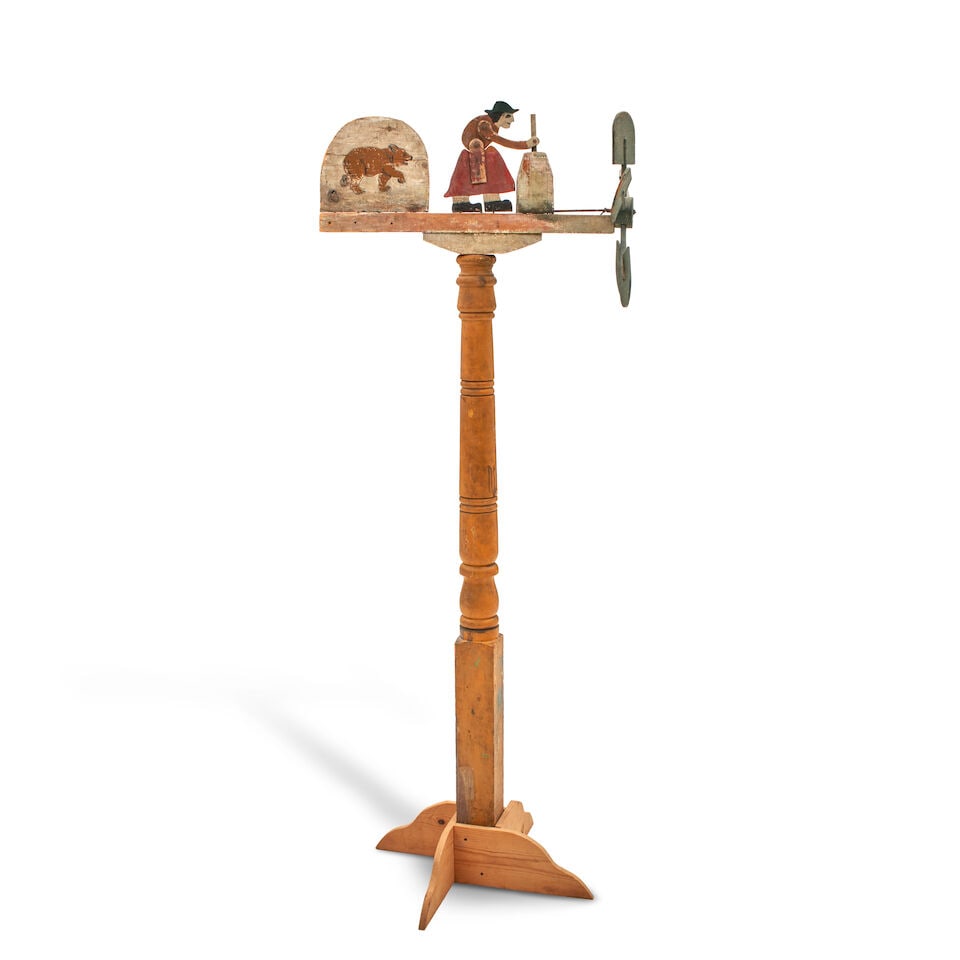 Whirligig on Stand United States, early 20th century: Whirligig on Stand United States, early 20th century Carved and painted figure of a woman with articulated limbs churning butter, meant to set attached propeller in motion, raised on an associated