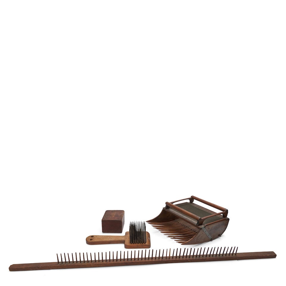 Three Wooden Farm Implements Plymouth, Massachusetts, and New England, 19th century: Three Wooden Farm Implements Plymouth, Massachusetts, and New England, 19th century consisting of a late 19th century cranberry harvester with manufacturer's stenciled mark, a maple and wrought iron