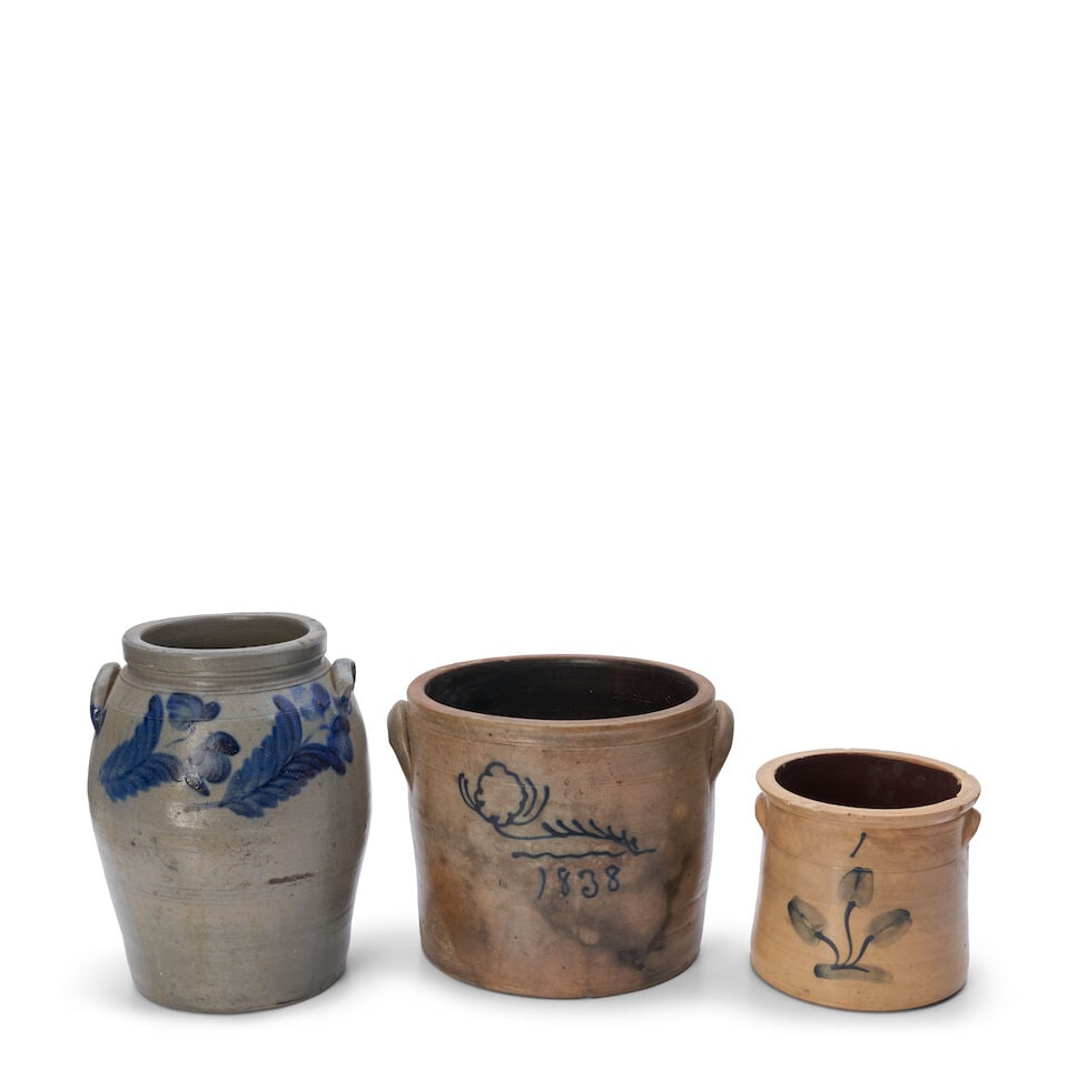 Three Salt-glazed Stoneware Items United States, mid-19th century: Three Salt-glazed Stoneware Items United States, mid-19th century one- and three-gallon vessels, the larger crock dated 1838 in cobalt glaze, largest diam. 9, ht. 12 1/2 in. This lot is subject to