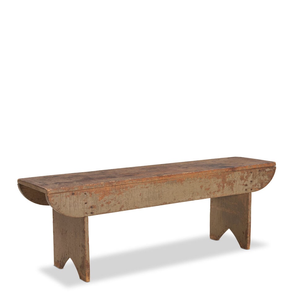 Country Grey-painted Pine Bench mid-19th century: Country Grey-painted Pine Bench mid-19th century with beveled cutout legs, 177cm wide, 40cm deep, 60cm high (70in wide, 16 1/2in deep, 24in high). Lot to be sold without reserve. This lot is subject