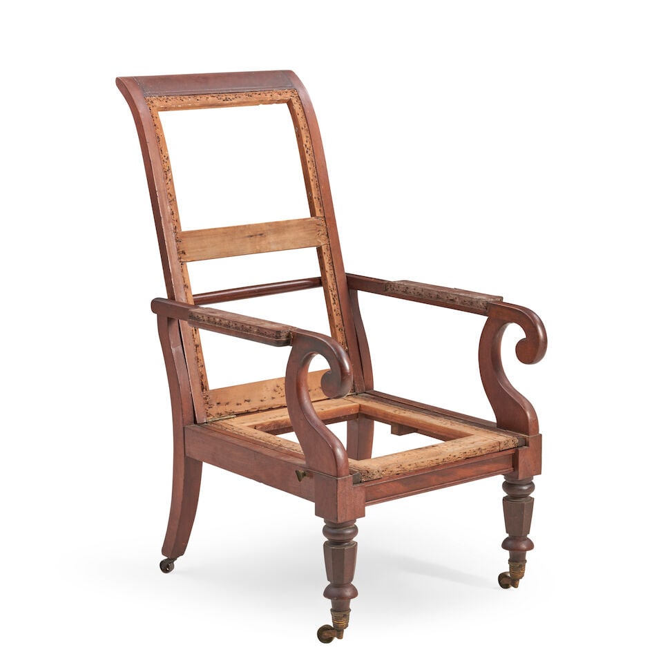 Classical Mahogany Semi-reclining Lolling Chair Boston, Massachusetts, c. 1825: Classical Mahogany Semi-reclining Lolling Chair Boston, Massachusetts, c. 1825 unupholstered, with sliding seat and casters, 58cm wide, 86cm deep, 106cm high (23 1/2 in wide, 34in deep, 42in high).