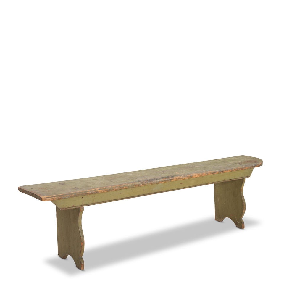 Country Green-painted Pine Corner Bench signed Henry Rst. Landis, 1875: Country Green-painted Pine Corner Bench signed Henry Rst. Landis, 1875 probably Pennsylvania, with directional cutout legs and one rounded corner, 200cm wide, 35cm deep, 50cm high (79 1/4in wide,
