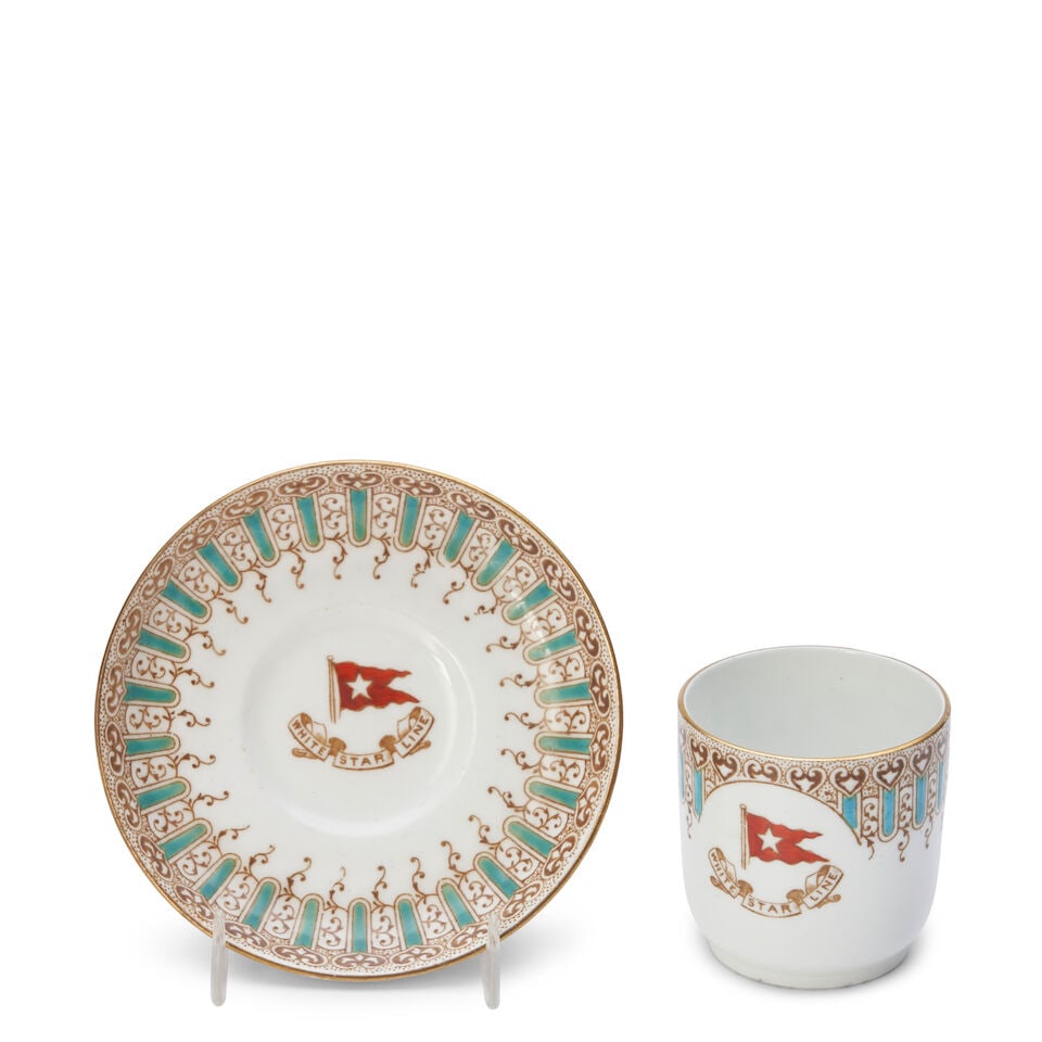 'White Star Line' Wisteria Pattern Cup and Saucer probably Liverpool, England, 1903: 'White Star Line' Wisteria Pattern Cup and Saucer probably Liverpool, England, 1903 Fine bone china with gilt and overglaze enamel decoration, both printed 'Ro. No. 117214 / Ro. No. 324028' and dated
