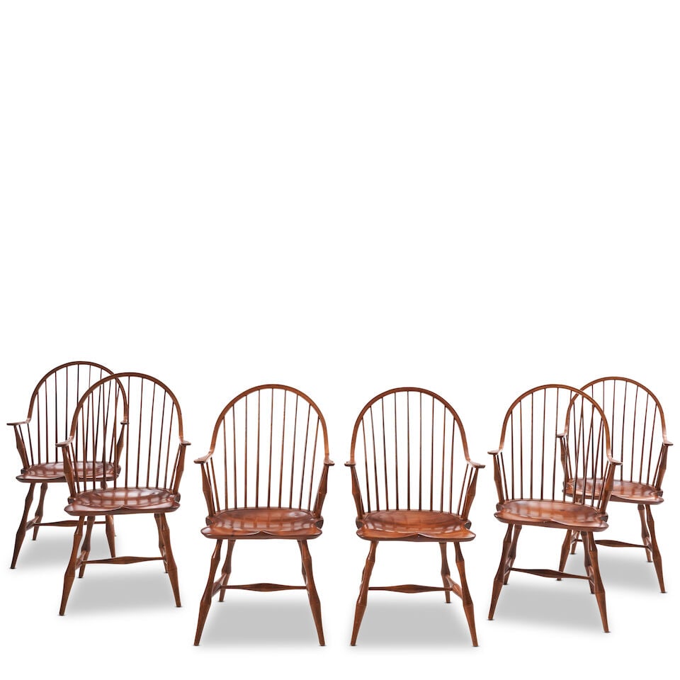 Set of Six 'Bamboo' Windsor Armchairs D.R. Dimes, Pittsfield, New Hampshire, late 20th century: Set of Six 'Bamboo' Windsor Armchairs D.R. Dimes, Pittsfield, New Hampshire, late 20th century Bow crest rail continuing to carved armrests over wide saddle seats branded 'D.R. DIMES' on bottom, old