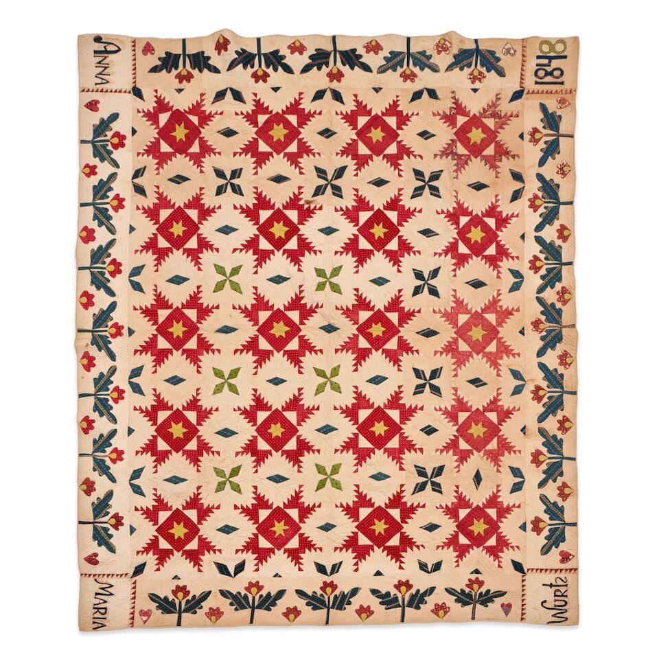 Pieced and Appliqued Chintz Quilt signed Anna Maria Wurts, Ulster County, New York, 1848: Pieced and Appliqued Chintz Quilt signed Anna Maria Wurts, Ulster County, New York, 1848 Large quilt composed of solid and printed cotton designs on muslin ground, with stuffed pinwheel and diamond mo