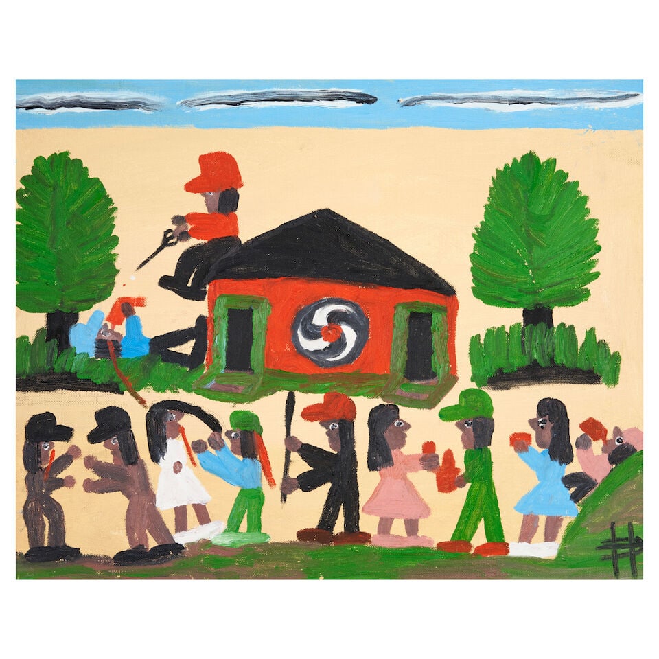 Clementine Hunter (1887-1988) Saturday Night 16 x 20 in. (Painted in 1983.): Clementine Hunter (1887-1988) Saturday Night signed 'CH' (lower right); inscribed 'Vergie / Vergie / Uncle Tom' (reverse) oil on canvas board 16 x 20 in. Painted in 1983. Footnotes: Provenance Purchas