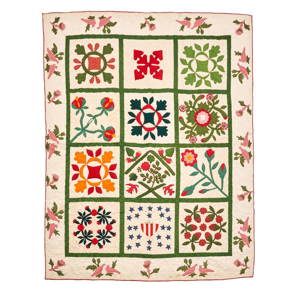 Friendship Album Quilt Saratoga County, New York, c. 1900: Friendship Album Quilt Saratoga County, New York, c. 1900 Pieced and appliqued squares in solid and printed cotton fabrics, many bearing initials and signatures including E.G. Hail of Milton N.Y., Mar