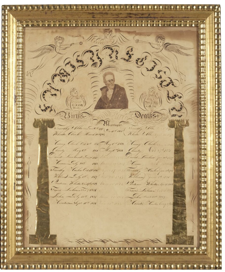 Lord's Prayer Calligraphy and Family Register in Stunning Gilt Ripple Frame New England, 1830s: Lord's Prayer Calligraphy and Family Register in Stunning Gilt Ripple Frame New England, 1830s Large pen and ink record of the Abbe family 'designed and written by David L. Abbe A.D. 1833' centers a