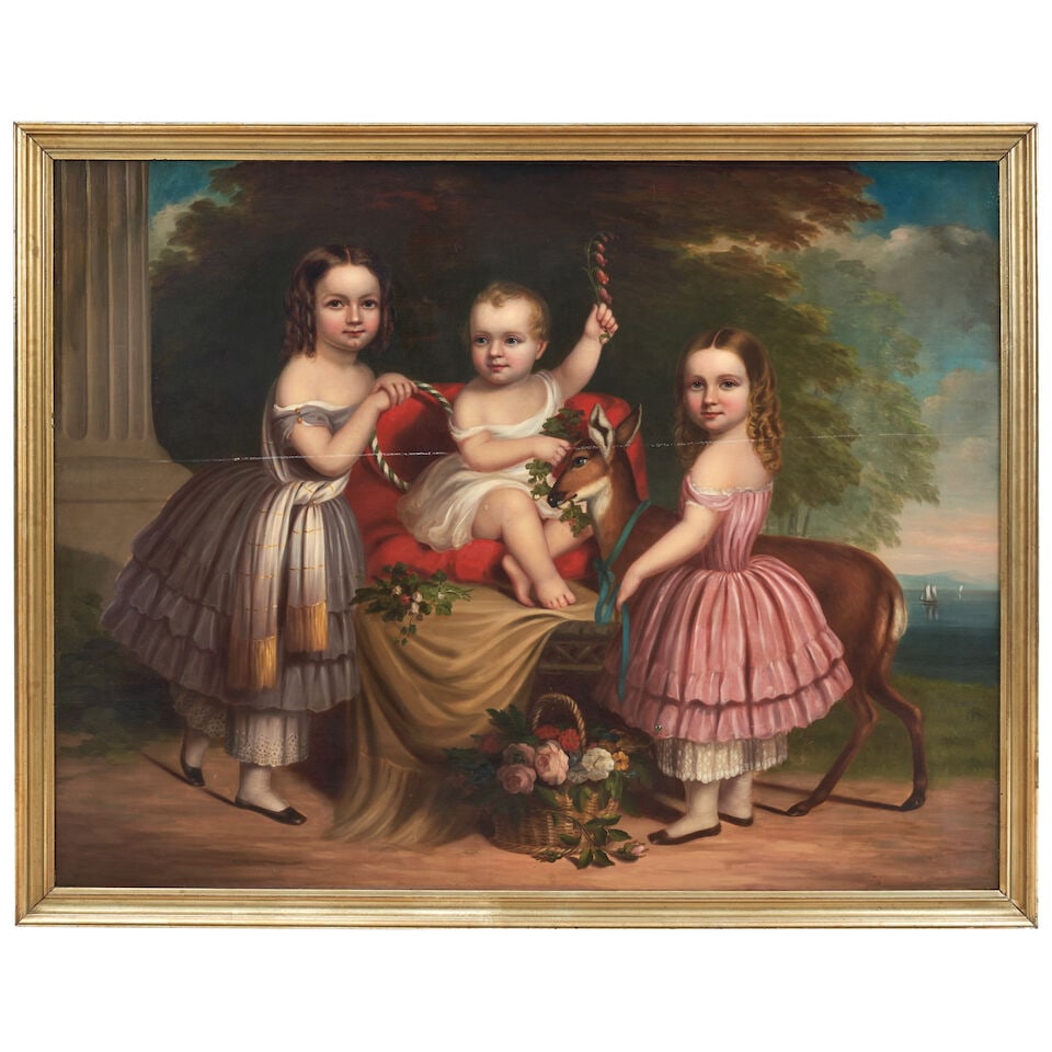 American School The Lewis Children with a Fawn, New York, c. 1855: American School The Lewis Children with a Fawn, New York, c. 1855 unsigned oil on canvas 51 x 66 framed 55 3/4 x 70 1/2 in. Footnotes: Provenance Important Collection of Rex and Patti