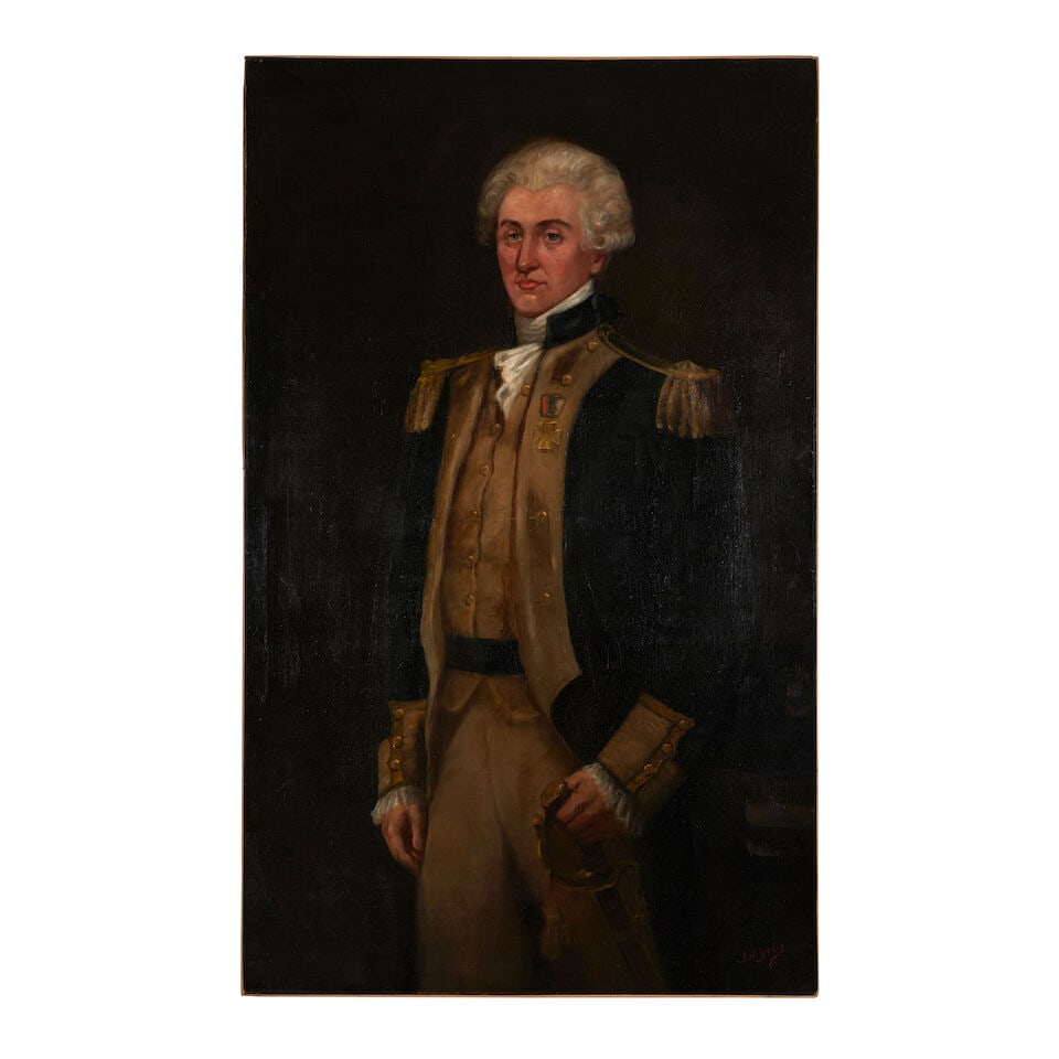 James Harvey Young (1830-1918) Colonial Revival Portrait of the Marquis de Lafayette 56 x 34 1/4...: James Harvey Young (1830-1918) Colonial Revival Portrait of the Marquis de Lafayette signed 'J.H. Young' (lower left) oil on canvas 56 x 34 1/4 in. Footnotes: Provenance Important Collection of Rex