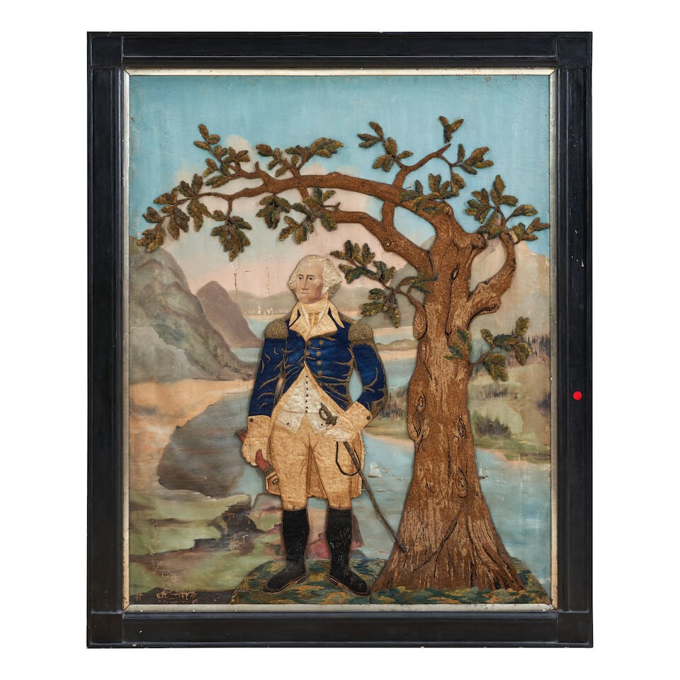 Outstanding Oil and Applied Needlework Portrait of George Washington United States, c. 1830: Outstanding Oil and Applied Needlework Portrait of George Washington United States, c. 1830 The figure of Washington, likely based on a portrait by John Trumbull, standing beside a tree in foreground