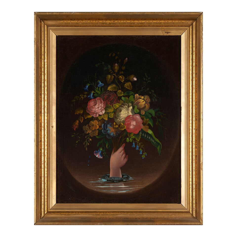 Frederick E. Cohen (circa 1818-1858) Mourning Bouquet, 1851: Frederick E. Cohen (circa 1818-1858) Mourning Bouquet, 1851 signed 'F.E. COHEN. pinxt / 1851' (bottom center) oil on canvas 24 1/4 x 18 1/4 in. framed 29 1/2 x 23 1/2