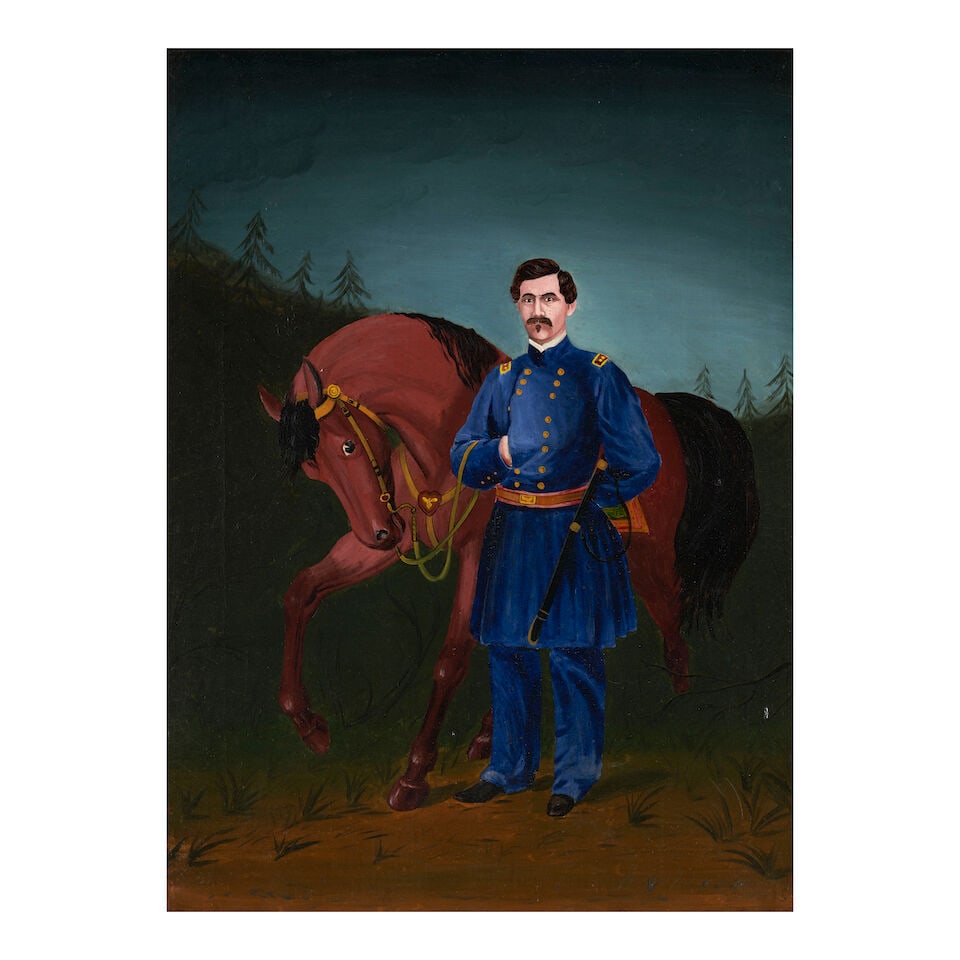 American School Portrait of George B. McClellan, c. 1870: American School Portrait of George B. McClellan, c. 1870 unsigned; 'M.F. Reynolds Artists and Painters Warehouse' stenciled on reverse oil on canvas 27 x 20 in. framed 31 x 24