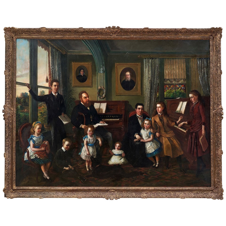 Benjamin Cam Norton (British, 1835-1900) Portrait of a Large Family in Music Parlor (Painted in ...: Benjamin Cam Norton (British, 1835-1900) Portrait of a Large Family in Music Parlor signed and dated 'B. Cam Norton / 1888' (lower left) oil on canvas 51 x 67 in. (129.5 x 170.2 cm.) 57 1/2 x 73