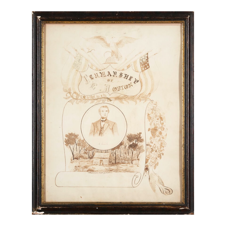 Penmanship Certificate Featuring Abraham Lincoln E. Horton, Hartford, Connecticut, c. 1880 (1 of 3)