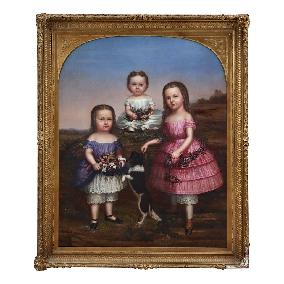 American School Monumental Portrait of Three Children and Small Dog, mid-19th century: American School Monumental Portrait of Three Children and Small Dog, mid-19th century unsigned oil on canvas framed 71 x 60 in. Footnotes: Provenance Important Collection of Rex and Patti