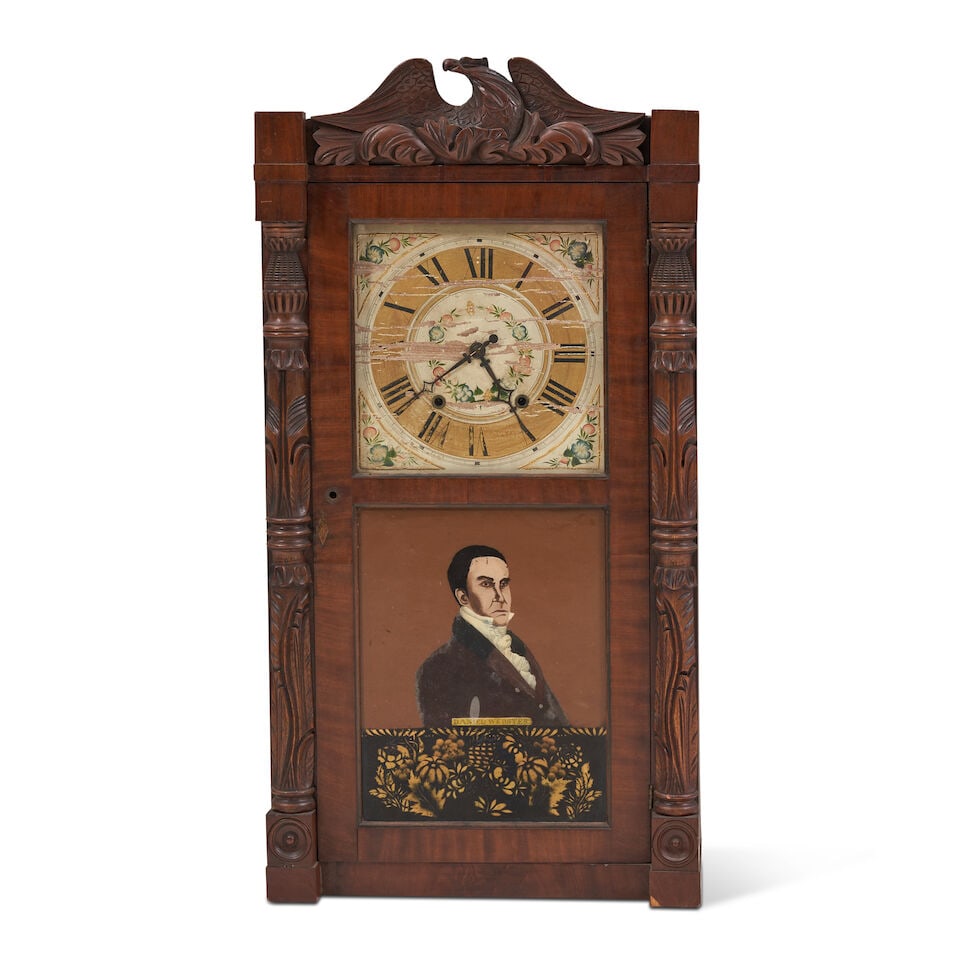 Unique Mahogany Mantle Clock with Eglomise Portrait of Daniel Webster Northrop & Smith (c. 1831-... (1 of 2)