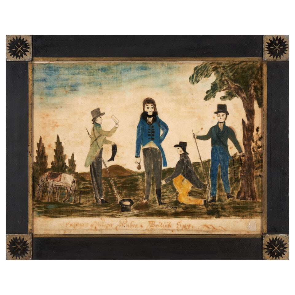 American School Capture of Major Andre, British Spy: American School Capture of Major Andre, British Spy unsigned oil and ink on velvet, in glazed period frame sight 14 1/4 x 19 in. framed 18 3/4 x 23 1/2 in. Footnotes: Provenance Important