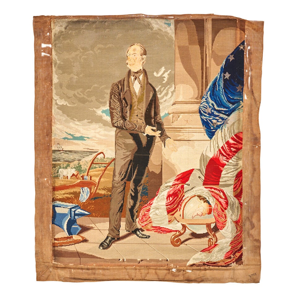 Large Berlinwork Portrait of Henry Clay United States, c. 1845: Large Berlinwork Portrait of Henry Clay United States, c. 1845 Plain-weave canvas worked in cross-stitched wool and metallic yarns, the composition derived from an 1843 portrait of Clay by John