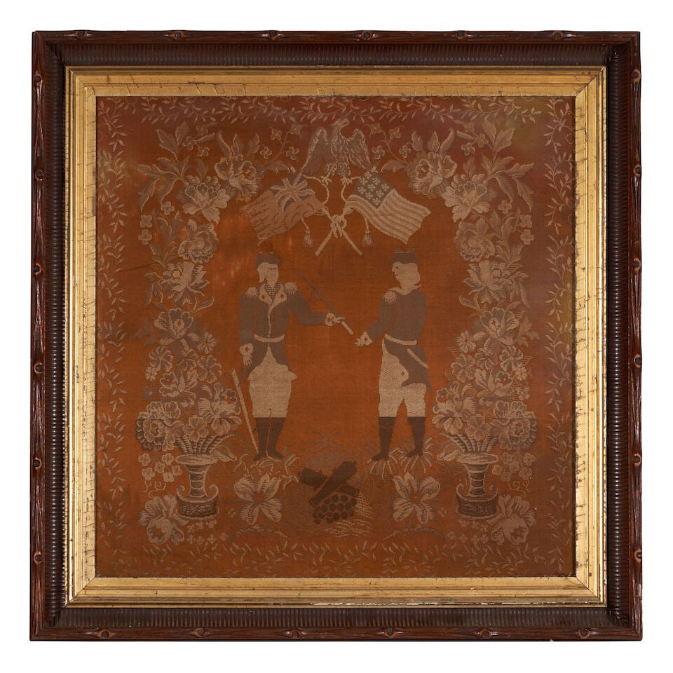 Surrender of Cornwallis Needlework Picture probably United States, c. 1840: Surrender of Cornwallis Needlework Picture probably United States, c. 1840 Figures worked in tapestry stitch on bronze satin, mounted in period walnut frame, overall 30 1/2 x 30 1/2 in. Footnotes: Pro