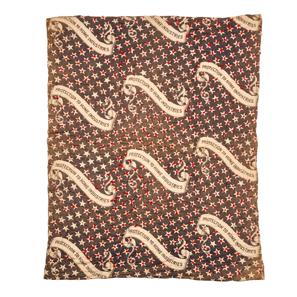 'Protection to Home Industries' Quilt United States, c. 1888: 'Protection to Home Industries' Quilt United States, c. 1888 Reversible comforter, each side with three seamed panels of dark blue and white cotton printed with a banner and star pattern, stuffed with
