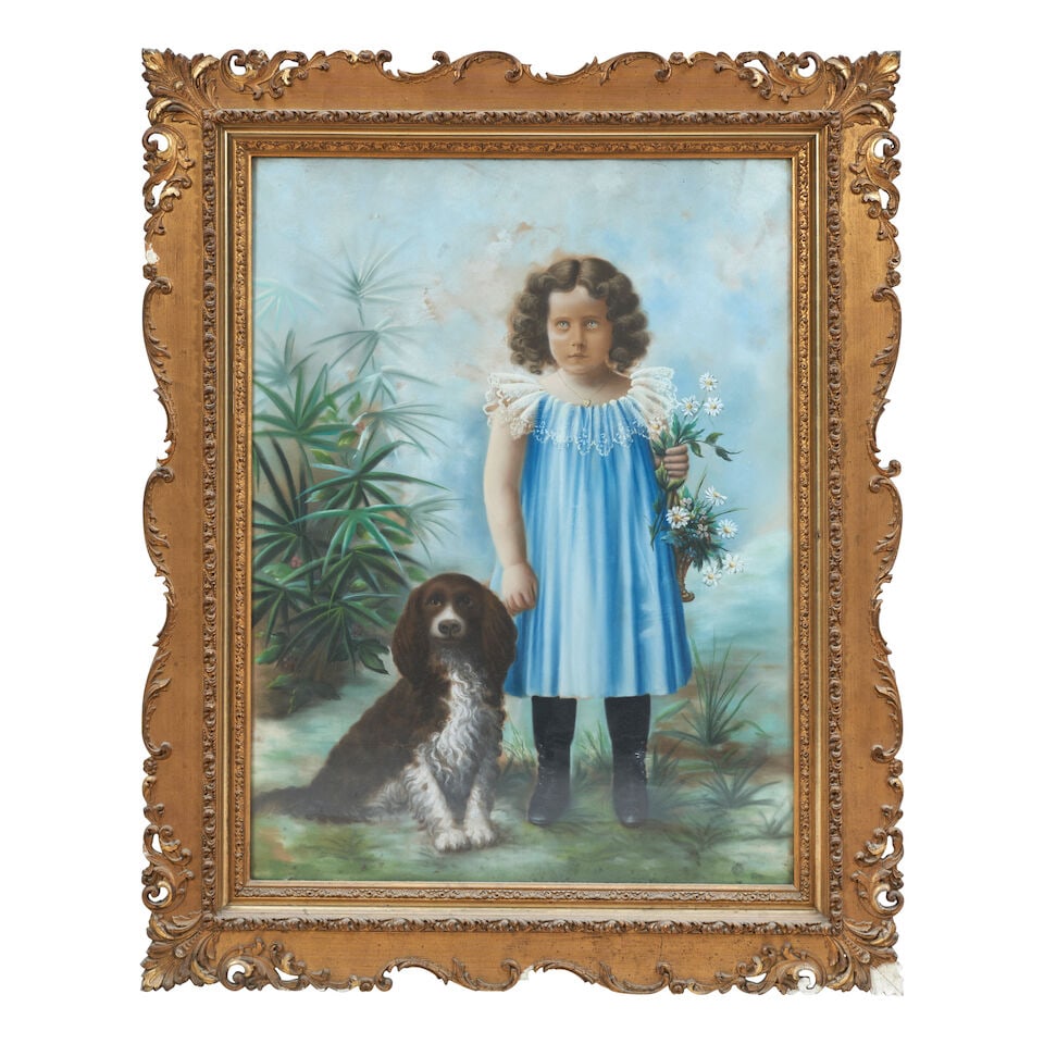 Pastel Portrait of a Girl and Dog United States, early 20th century: Pastel Portrait of a Girl and Dog United States, early 20th century unsigned pastel on paper, mounted on stretched linen, in glazed period gilt frame 40 x 30 in. framed 41 x 31 in. Footnotes: Provenan