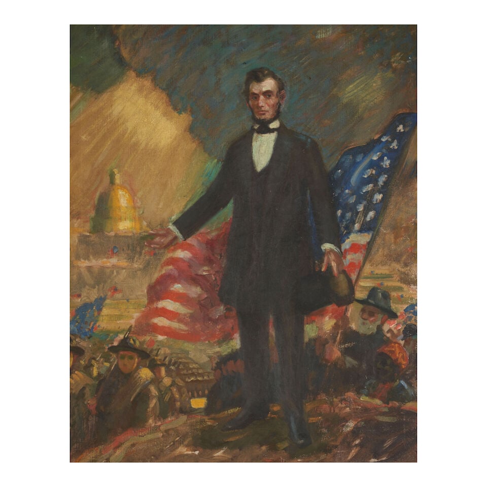 Edwin Murray Mackay (1869-1926) Portrait of Abraham Lincoln, c. 1916: Edwin Murray Mackay (1869-1926) Portrait of Abraham Lincoln, c. 1916 signed 'Murray MacKay' (lower left) inscribed 'Murray MacKay / R.F.D. 3 / Ridgefield / Conn.' and 'Abraham Lincoln / The Justice