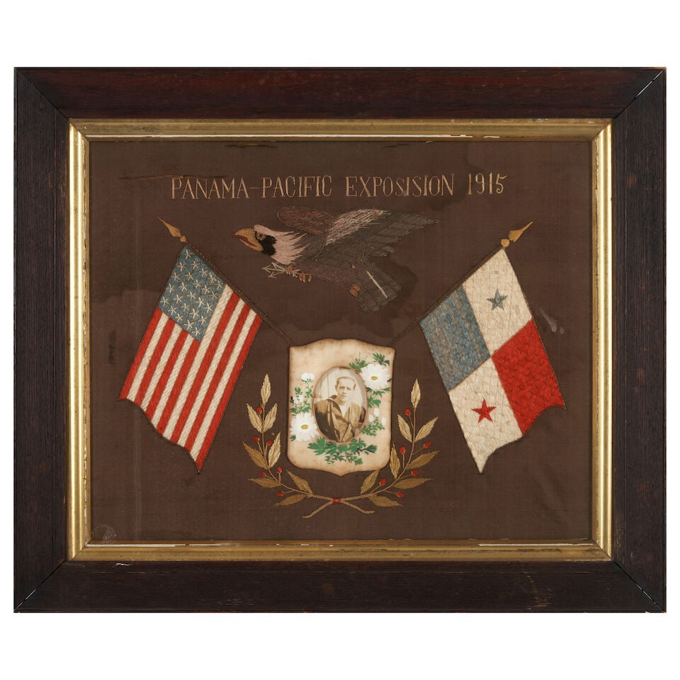 Chinese Export Silk Embroidery from the Panama-Pacific Exposition, San Francisco, California, 1915: Chinese Export Silk Embroidery from the Panama-Pacific Exposition, San Francisco, California, 1915 Warm brown satin panel embroidered and appliqued to show crossed U.S. and Panamanian flags centering