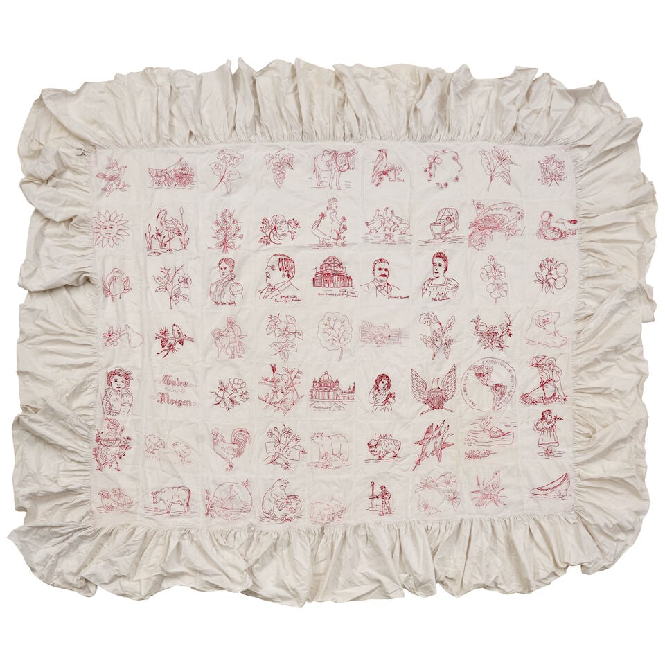 Embroidered Quilt Honoring President McKinley United States, early 20th century: Embroidered Quilt Honoring President McKinley United States, early 20th century Sixty-three muslin squares embroidered with outlined motifs in red stem stitch, recurring references to the 1901 Pan-Ame