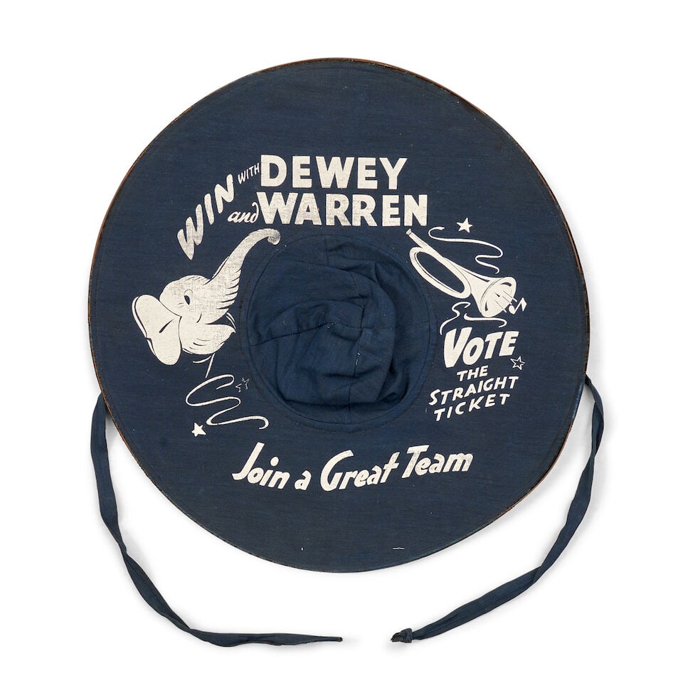 Dewey-Warren Presidential Campaign Hat United States, c. 1948: Dewey-Warren Presidential Campaign Hat United States, c. 1948 Canvas sun hat with wire brim, printed with GOP elephant and trumpet illustrations for the slogans 'Win with Dewey and Warren', 'Vote the
