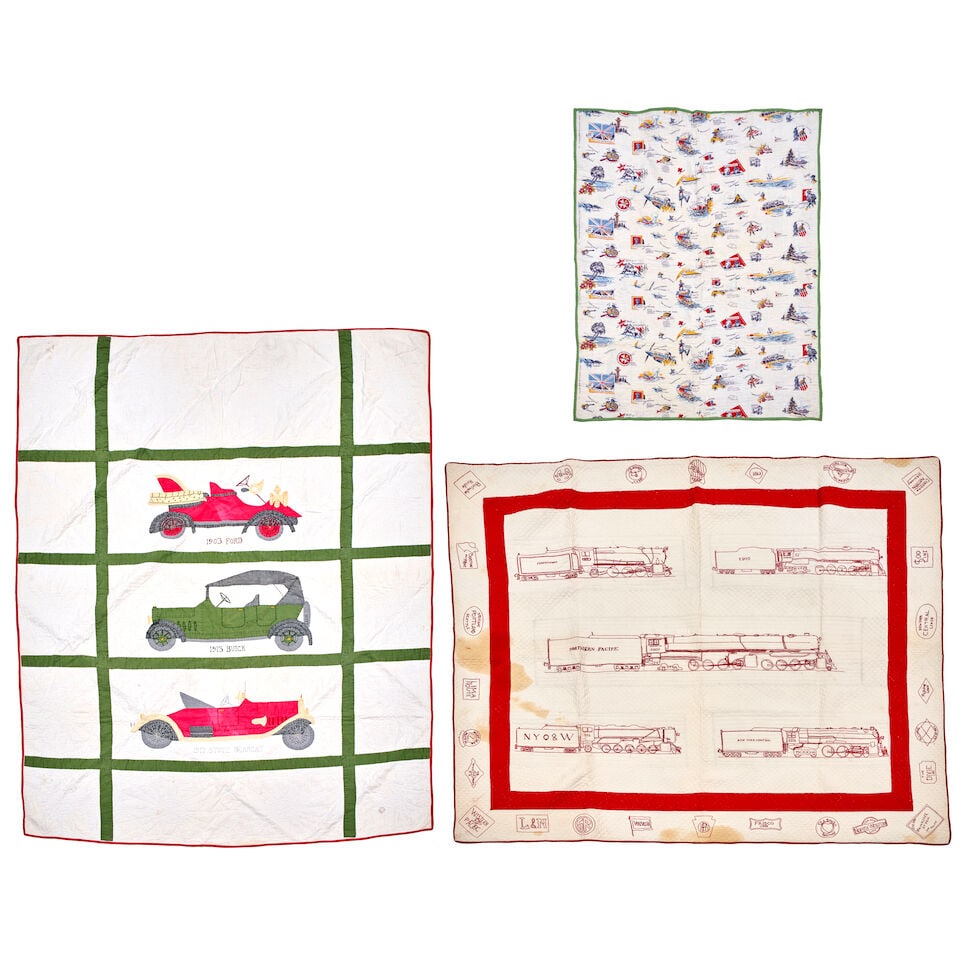 Three Quilts United States, 20th century: Three Quilts United States, 20th century Assembled group includes one quilt with grid pattern filled with appliqué and embroidered vintage cars identified as a 1903 Ford, 1915 Buick, and 1917 Stu