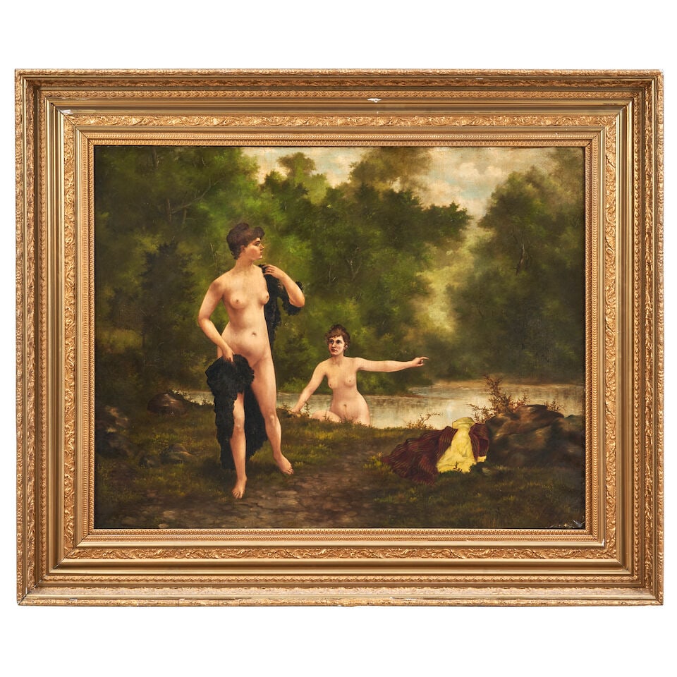 After Jules Frederic Ballavoine (French, 1855-1901) Monumental Scene of Women Bathing 36 x 46 in...: After Jules Frederic Ballavoine (French, 1855-1901) Monumental Scene of Women Bathing unidentified signature (lower right) and inscribed 'PROPERT[Y] OF THE PALM BOWLING ALLEY' and 'Jorgensen +