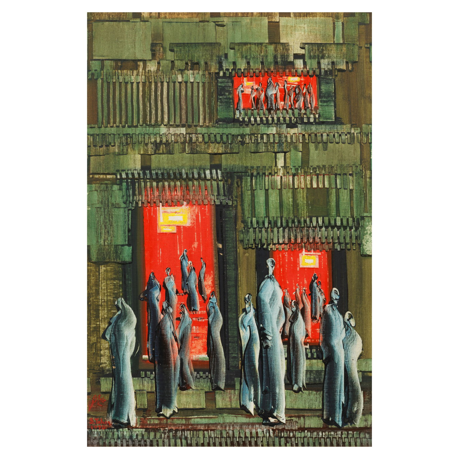 Salah Taher (Egypt, 1911-2007) Pilgrimage: Salah Taher (Egypt, 1911-2007) Pilgrimage oil on canvas laid down on board, framed signed 'S.Taher' and dated '1974', executed in 1974 90.5 x 60cm (35 5/8 x 23 5/8in). Footnotes: Provenance