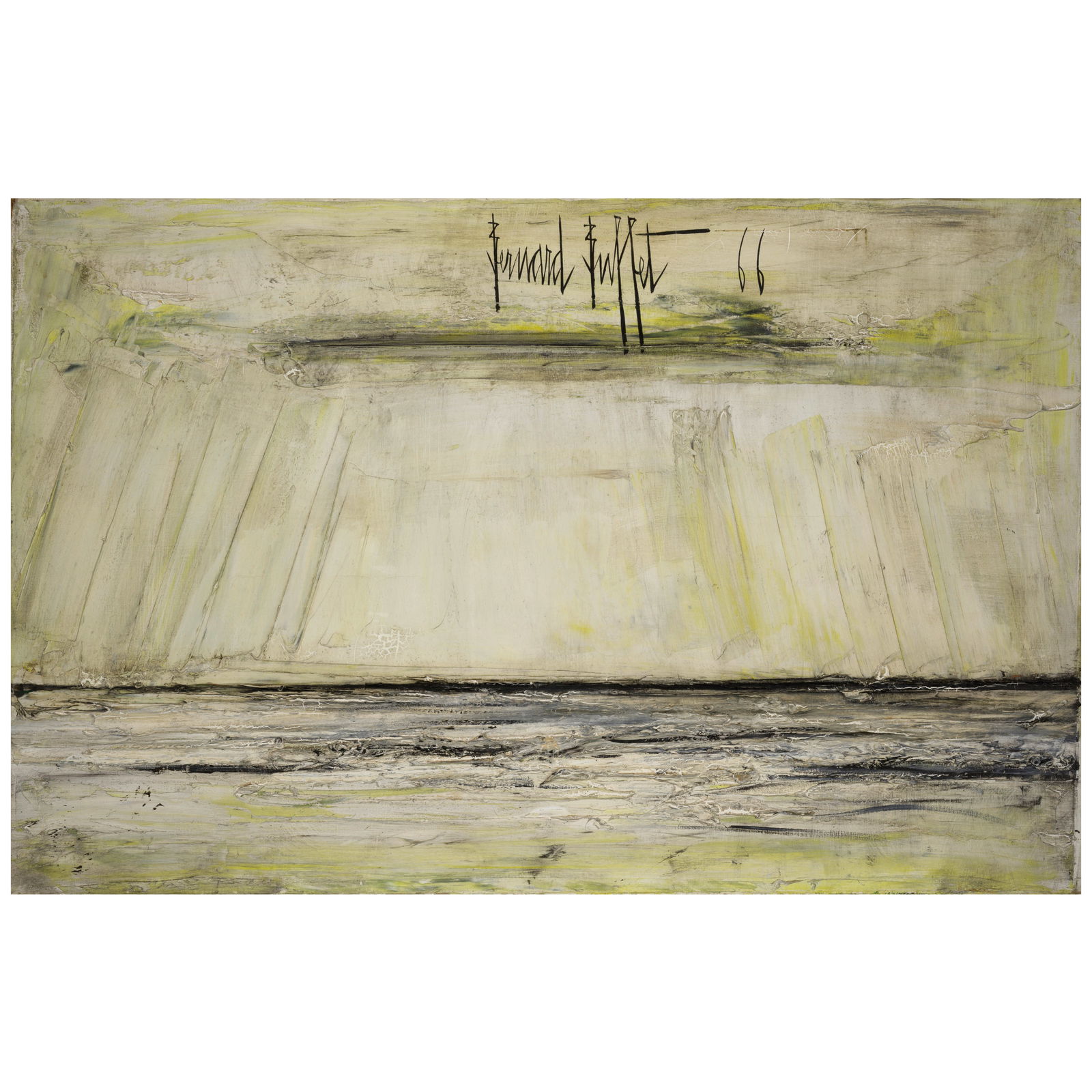BERNARD BUFFET (1928-1999) Mer 25 11/16 x 39 3/8 in (65.3 x 100 cm) (Painted in 1966): BERNARD BUFFET (1928-1999) Mer signed and dated 'Bernard Buffet 66' (upper center); inscribed '37 38' (on the reverse) oil on canvas 25 11/16 x 39 3/8 in (65.3 x 100 cm) Painted in 1966 Footnotes: Th