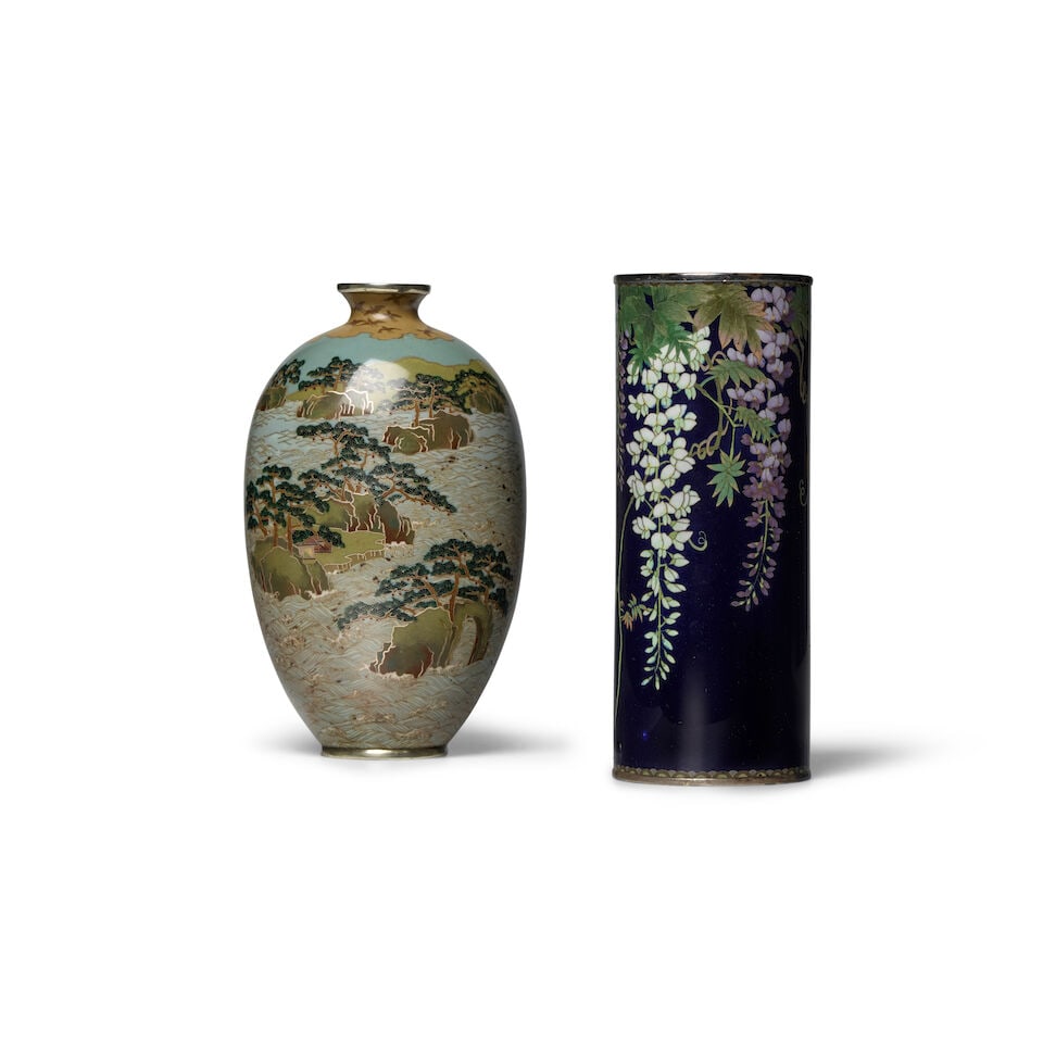 A CLOISONNÉ-ENAMEL VASE AND A CLOISONNÉ-ENAMEL BRUSH POT Meiji (1868-1912) or Taisho (...