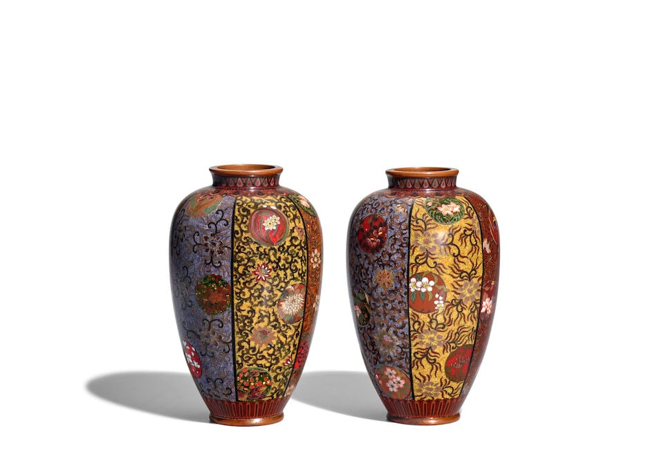 A PAIR OF CLOISONNÉ-ENAMEL VASES Meiji era (1868-1912), late 19th century (2) (1 of 3)