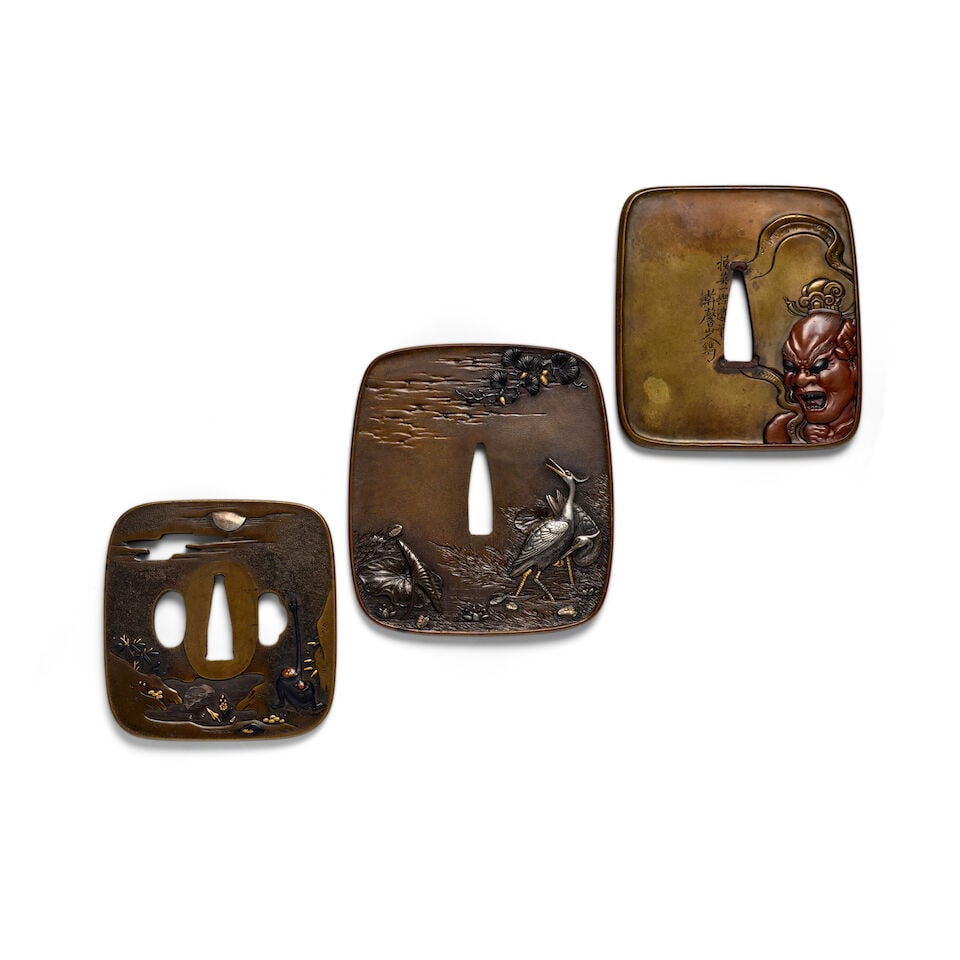 THREE INLAID BRASS TSUBA (HAND GUARDS) Edo period (1615-1868) or Meiji era (1868-1912), 19th cen...