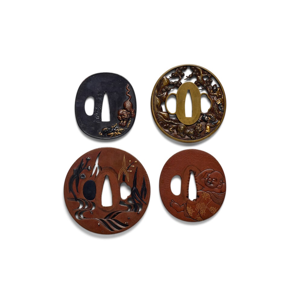A SHAKUDŌ TSUBA (HAND GUARD), A BRASS TSUBA, AND TWO COPPER TSUBA Edo period (1615-1868), 1...