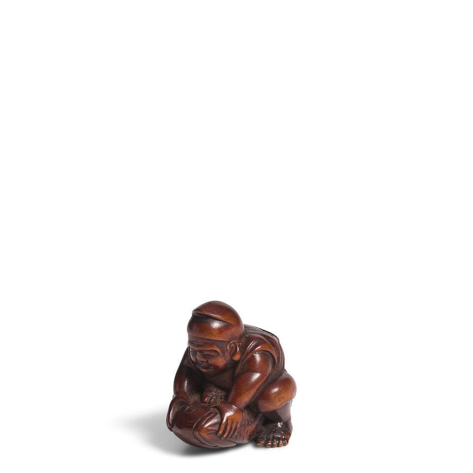 JUGYOKU RYŪKŌSAI II (1815-1877) A Wood Netsuke of Ebisu with Large Sea Bream Edo perio...