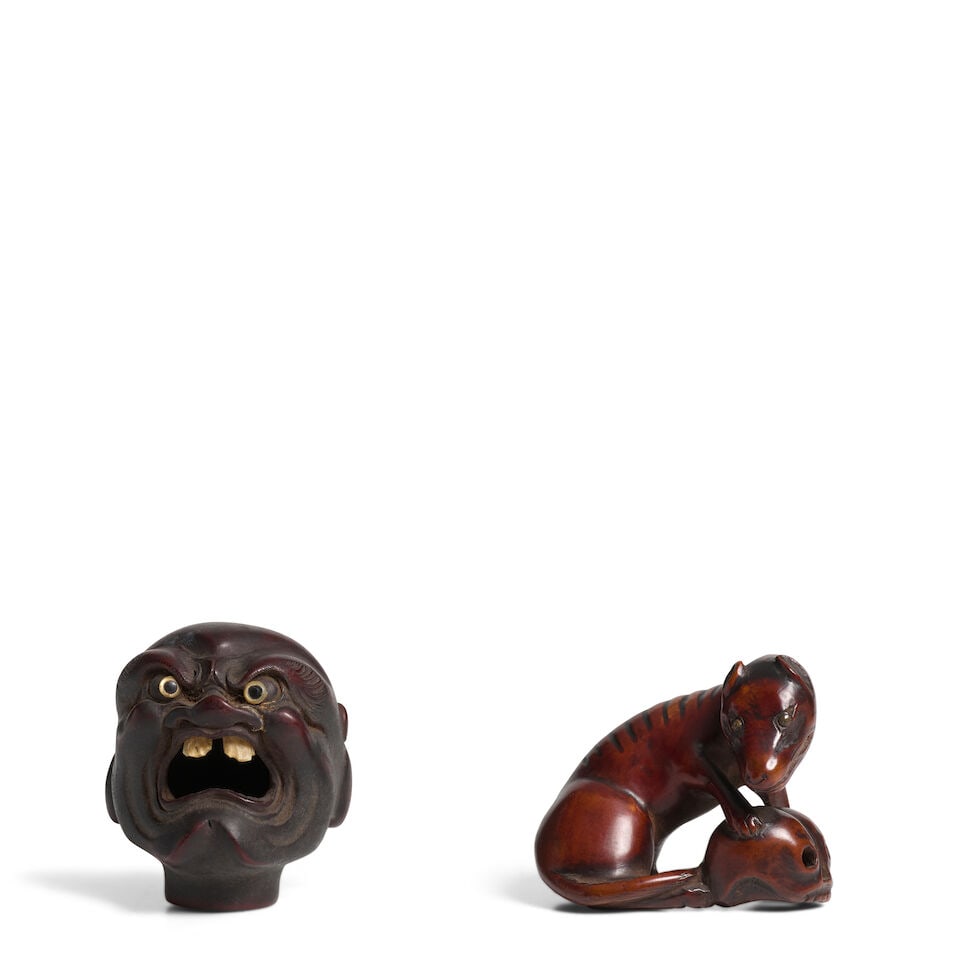 A WOOD OKIMONO AND A WOOD NETSUKE Edo period (1615-1868) or Meiji era (1868-1912), 19th century (2)