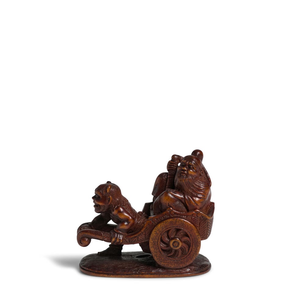 RYŪKŌSAI JUGYOKU II (1815-1877) A Wood Netsuke of Shoki the Domon Queller and an Oni E...