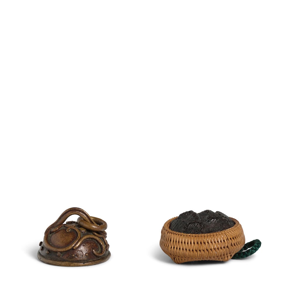A WOVEN WICKER NETSUKE AND A BRASS NETSUKE Edo period (1615-1868) or Meiji era (1868-1912), 19th...