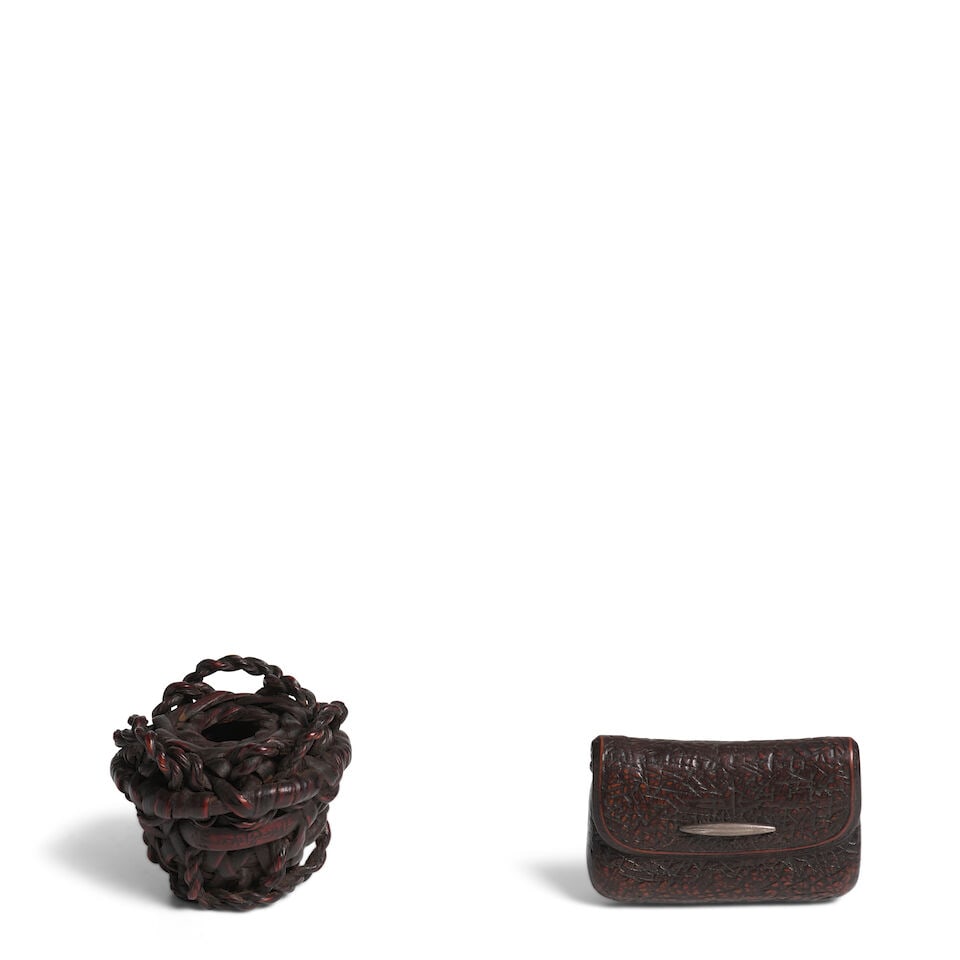 A WOVEN BAMBOO NETSUKE AND A WOOD NETSUKE Edo period (1615-1868), 18th/19th century (2)