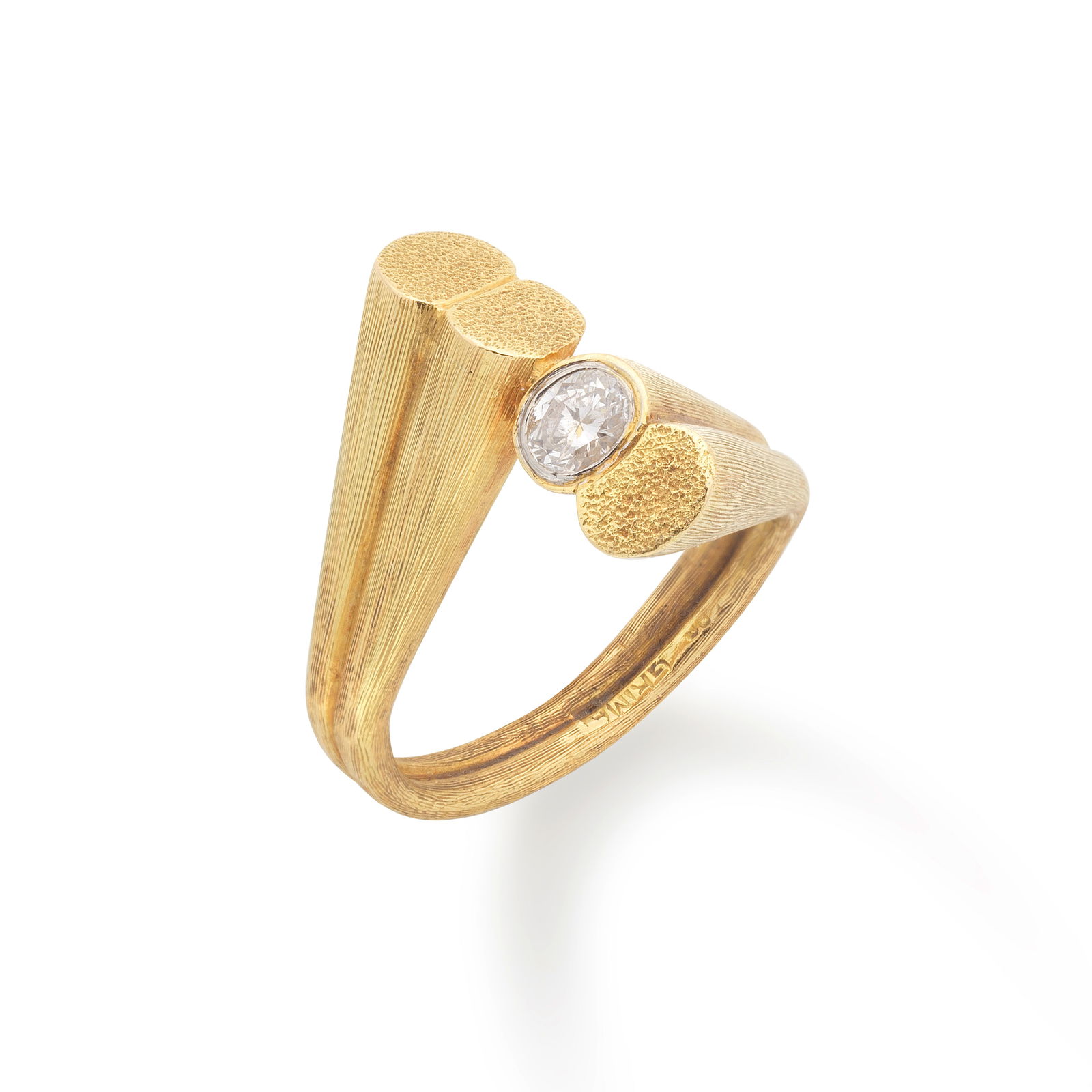 GRIMA: DIAMOND-SET RING,: GRIMA: DIAMOND-SET RING, Of crossover textured design, terminating in an oval-cut diamond, signed Grima, London hallmark (rubbed), ring size approx. O½ Footnotes: Andrew Grima was a leading figu