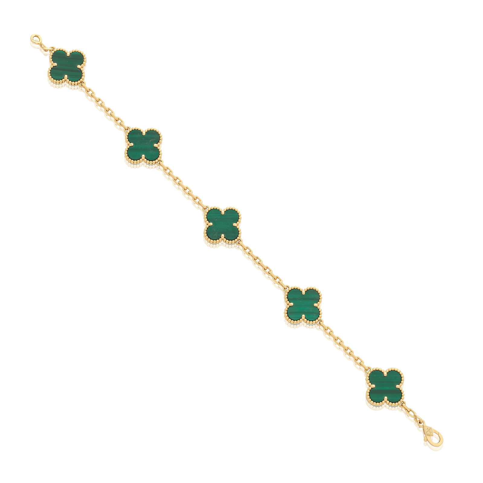 VAN CLEEF & ARPELS: 'ALHAMBRA' MALACHITE BRACELET: VAN CLEEF & ARPELS: 'ALHAMBRA' MALACHITE BRACELET Quatrefoil malachite motifs, connected via a faceted cable-link, mounted in 18 carat gold, signed VCA, French workshop mark, numbered JC370266, French