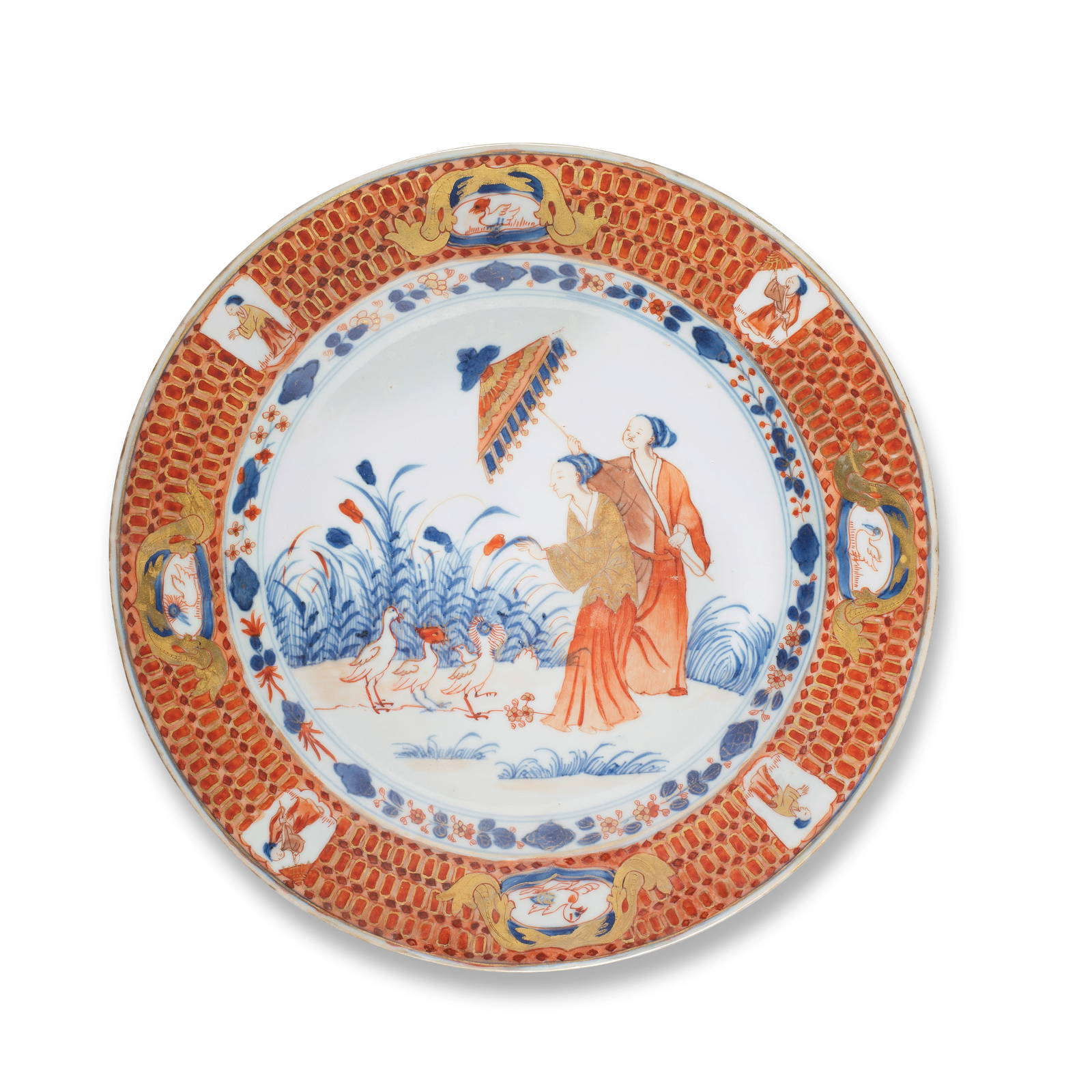 A Chinese export porcelain 'Pronk Ladies with Parasol' dish, Qianlong period, circa 1740