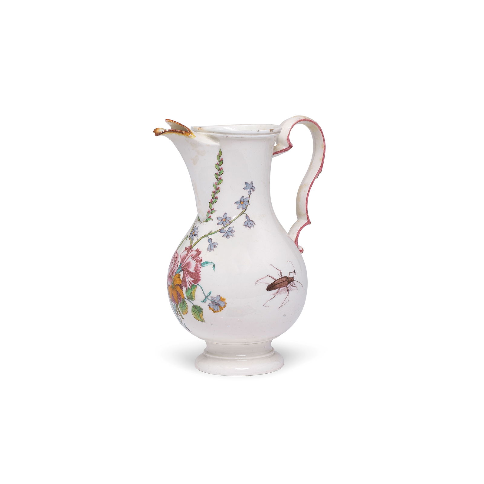 A Capodimonte jug or coffee pot, circa 1750: A Capodimonte jug or coffee pot, circa 1750 Finely painted with a large floral spray flanked by two life-like insects, a fly under the scrollwork handle shaded in puce and yellow, 22.8cm high, fleur-d