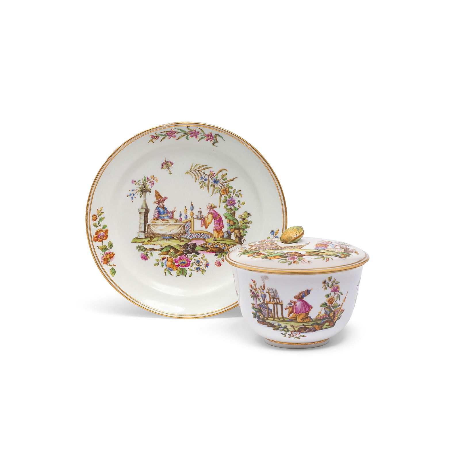 A Capodimonte ecuelle, cover and stand, circa 1755-59: A Capodimonte ecuelle, cover and stand, circa 1755-59 Finely painted in polychrome enamels heightened in gilding with elaborate Chinoiserie scenes with figures engaged in various pursuits amidst archi