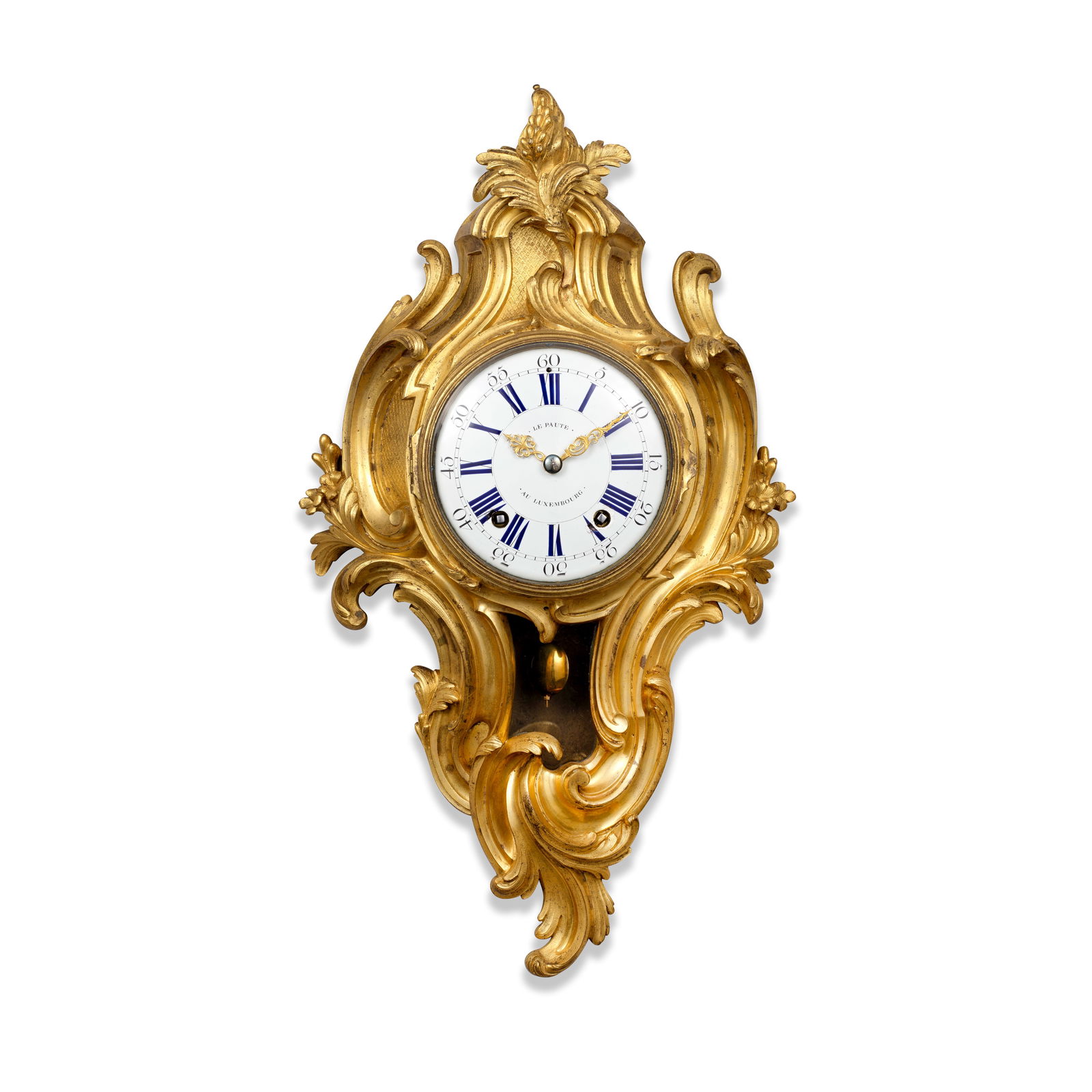 A very fine mid 18th century Luxembourg striking ormolu cartel clock Jean Andre le Paute, Luxemb...: A very fine mid 18th century Luxembourg striking ormolu cartel clock Jean Andre le Paute, Luxembourg The case surmounted by a budding flower above Rococo decoration of acanthus leaves and flowing foli