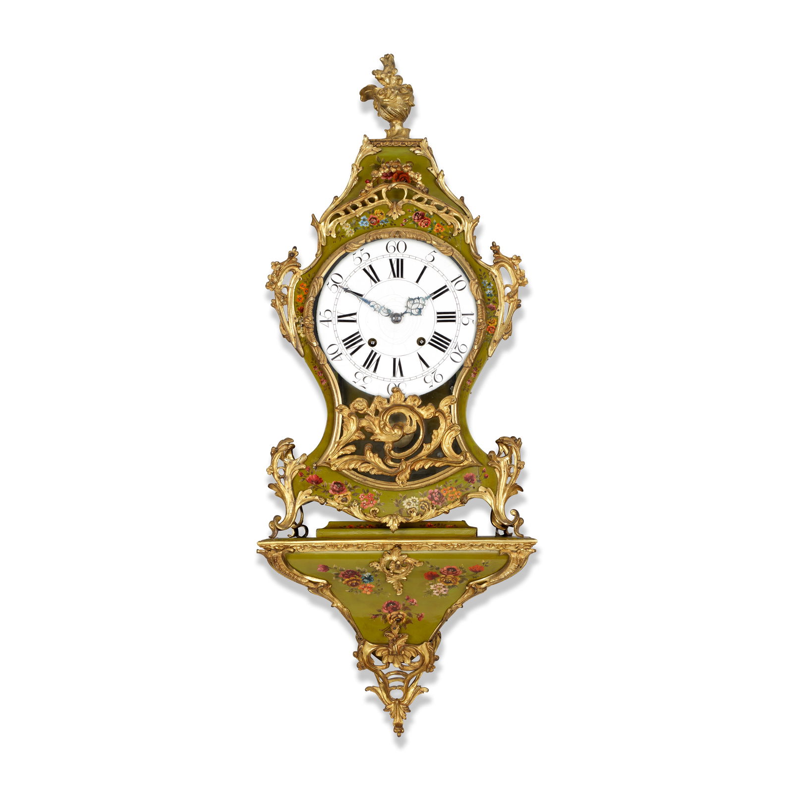 A second half of the 18th century Swiss quarter-striking wall clock, the case with bespoke 20th ...: A second half of the 18th century Swiss quarter-striking wall clock, the case with bespoke 20th century Vernis Martin style decoration. Jean-Pierre Huguenin, La Chaux de Fond. The waisted case with fu
